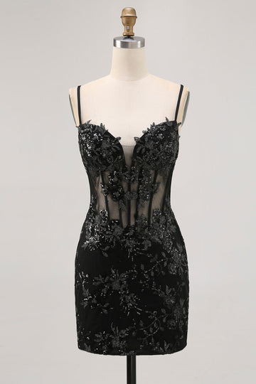 Black Sheer Corset Cut Out Bodycon Homecoming Dress with Sequins